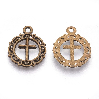 Tibetan Style Flat Round with Cross Alloy Pendants, Cadmium Free & Lead Free, 20x16x1mm, Hole: 2mm, about 1233pcs/1000g