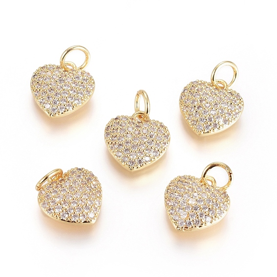 Brass Micro Pave Cubic Zirconia Pendants, with Jump Ring, Long-Lasting Plated, Heart, Real 18K Gold Plated
