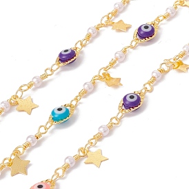 Handmade Eco-friendly Brass Star Charms Chain, with Glass Evil Eye & Imitation Pearl Beaded, Real 18K Gold Plated, Lead Free & Cadmium Free, Soldered, with Spool