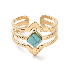 Synthetic Turquoise Rhombus Open Cuff Ring, Titanium Steel Jewelry for Women