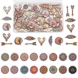 Gorgecraft 150 pièces 6 pièces 2 boutons en bois imprimés à trous, pour la couture d'artisanat, teint, fleur et flèche et indien et cerf et plume
