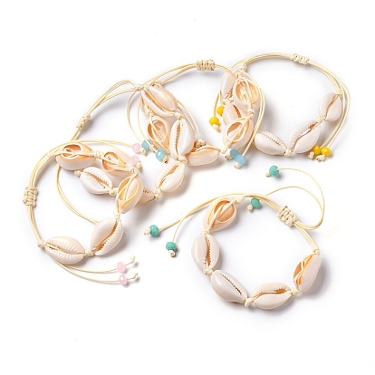 Adjustable Braided Bead Bracelets, with Natural Cowrie Shell Beads, Rondelle Glass Beads and Waxed Polyester Cord