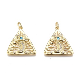Brass Micro Pave Clear Cubic Zirconia Pendants, Long-Lasting Plated, with Jump Rings, Triangle with Star & Evil Eye