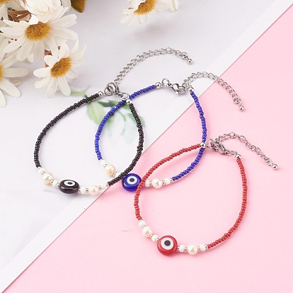 Bracelets en perles de rocaille de verre, avec des perles de perles naturelles et des perles de chalumeau mauvais œil