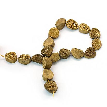 Electroplate Natural & Dyed Druzy Quartz Crystal Bead Strands, Nuggets, 13~29x10~23x10~20mm, Hole: 2mm, about 15~27pcs/strand, 15.7 inch