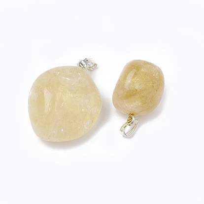 Natural Citrine Pendants, with Brass Findings, Nuggets, Platinum