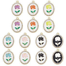 CHGCRAFT 14Pcs 7 Colors Rack Plating Alloy Enamel Pendants, with Crystal Rhinestone, Cadmium Free & Nickel Free & Lead Free, Light Gold, Oval with Flower of Life