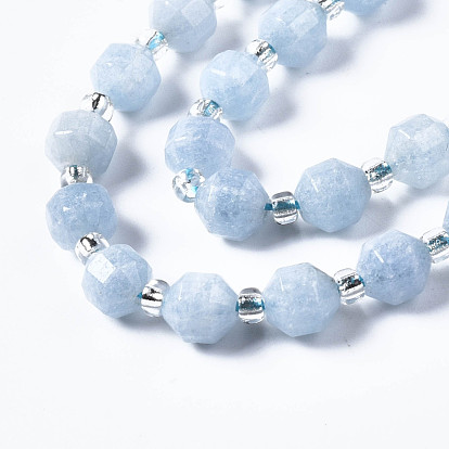 Perles naturelles, perles de jade , imitation aigue-marine, avec des perles de rocaille, facette, polygone