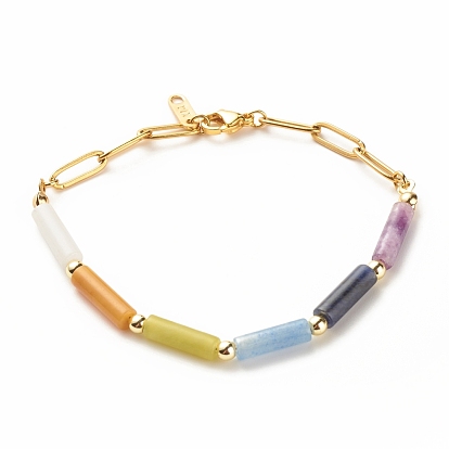 Natural Mixed Gemstone Curved Tube Beaded Bracelet with 304 Stainless Steel Paperclip Chains, Chakra Jewelry for Women