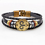Braided Leather Cord Retro Multi-strand Bracelets, with Wood Beads, Hematite Beads and Alloy Findings, Flat Round with Constellation, Antique Bronze