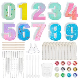 DIY Numbers Silicone Molds Kits, Resin Casting Molds, For UV Resin, Epoxy Resin Jewelry Pendants Making, with Plastic Dropper & Funnel Hopper & Stirring Rod & Measuring Cup, Nail Art Sequins