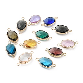 Brass Pave K9 Glass Connector Charms, Faceted Oval Links, Light Gold
