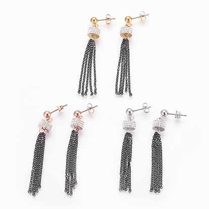 304 Stainless Steel Dangle Stud Earrings, with Polymer Clay Rhinestone and Cable Chains, Column and Tassel