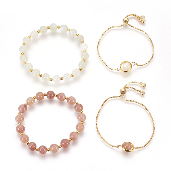 Natural Mixed Stone Bracelets Sets, Slider Bracelets and Stretch Bracelets, with Brass Findings, Round