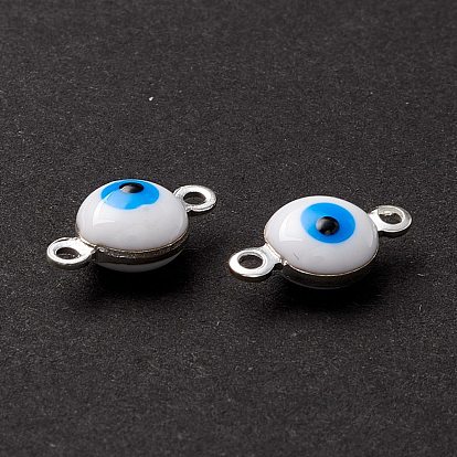 Brass Enamel Connector Charms, Flat Round with Evil Eye