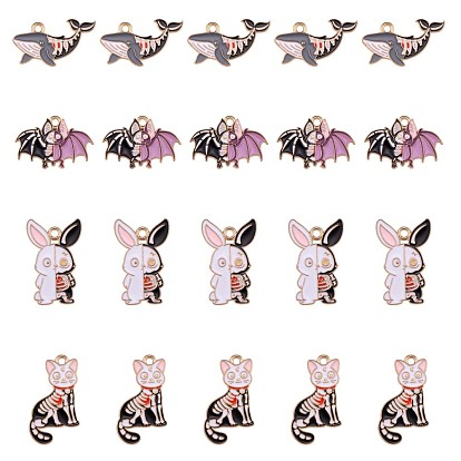 20Pcs 4 Style Halloween Alloy Enamel Pendants, Golden, Cat & Rabbit & Bat & Shark