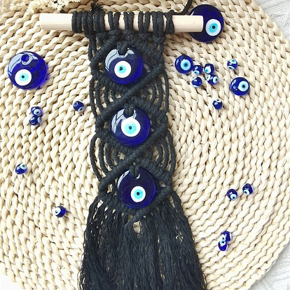Handmade Macrame Cotton Thread Tassel Pendant Decoration, with Glass Turkey Evil Eye and Wood Bar, for Car Wall Hanging Decoration