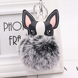 Imitation Rabbit Fur Furry Pom-Pom Keychain for Women, with Pu Leather Dog Pendant Keychain