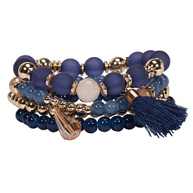 Boho Chic Multilayer Glass Bead Bracelet with Fabric Tassels for Women