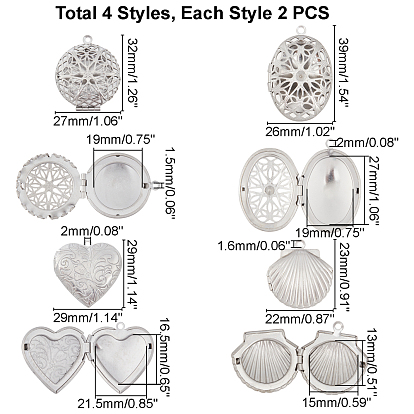 PANDAHALL ELITE 8 Pcs 4 Styles 304 Stainless Steel Locket Pendants, Photo Frame Charms for Necklaces, Mixed Shapes