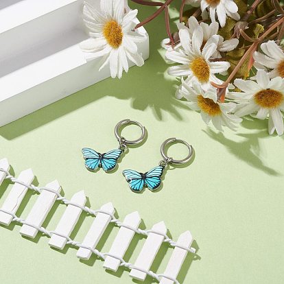 Two Tone Butterfly Dangle Hoop Earrings, Drop Earrings for Women, Stainless Steel Color