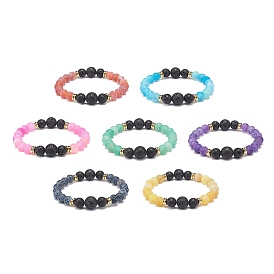 7Pcs 7 Style Natural Agate(Dyed & Heated) & Weathered Agate(Dyed) & Lava Rock Round Beaded Stretch Bracelets, Gemstone Stackable Bracelets for Women
