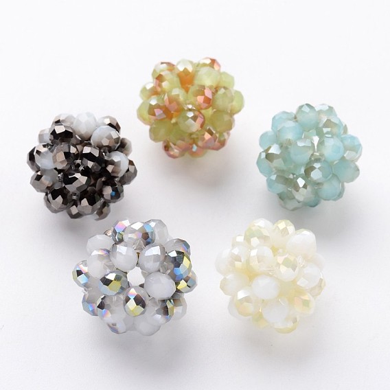 Tricoter à la main perles de cluster de verre electroplate, ronde à facettes, 14~16mm, Trou: 2~3mm