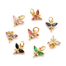 Brass Micro Pave Cubic Zirconia Charms, Real 18K Gold Plated, Cadmium Free & Lead Free, Autumn Pendants, Dragonfly