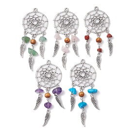 Mixed Gemstone Chip Big Pendants, Antique Silver Plated Alloy Woven Web/Net with Feather Charms, Mixed Dyed and Undyed