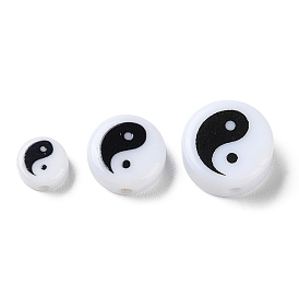 Perles acryliques opaques imprimés, plat rond avec motif yinyang