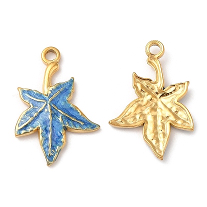 304 Stainless Steel Enamel Pendants, Real 18K Gold Plated, Maple Leaf Charm