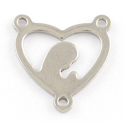 201 Stainless Steel Chandelier Component Links, 3 Loop Connectors, Heart with Mother and Son, 16x15x1mm, Hole: 1mm
