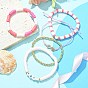 5Pcs 5 Style Polymer Clay Heishi & Word Love Beaded Stretch Bracelets Set, Brass Infinity Link Adjustable Bracelets