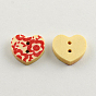 2-Hole Printed Wooden Buttons, Heart, Mixed Color, 16x17x3mm, Hole: 2mm