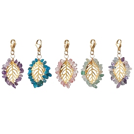 Natural & Synthetic Gemstone Pendant Decorations, with Brass Finding and 304 Stainless Steel Lobster Claw Clasp, Leaf