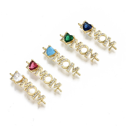 Real 16K Gold Plated Brass Micro Pave Cubic Zirconia Links Connectors, for Mother's Day, Cadmium Free & Nickel Free & Lead Free, Heart with Word Mom
