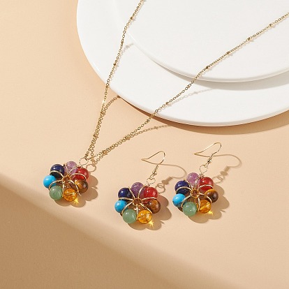 Boucles d'oreilles pendantes et collier pendentif fleur de pierres précieuses mélangées naturelles et synthétiques, bijoux en laiton doré pour femme