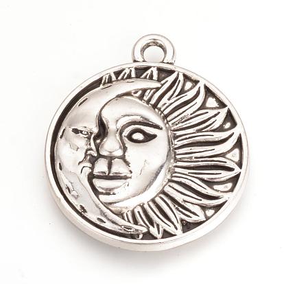 Tibetan Style Alloy Pendants, Flat Round with Moon and Sun, Cadmium Free & Lead Free