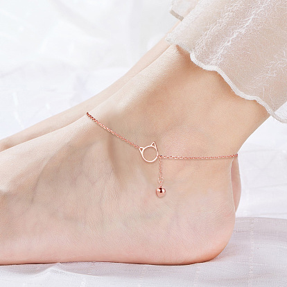 SHEGRACE 925 Sterling Silver Kitten Link Anklets, with Cable Chains, Cat Head and Bell