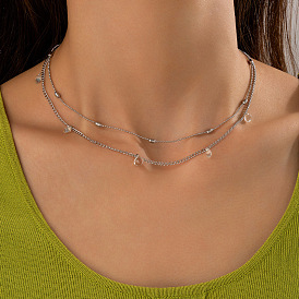 Fashionable Double-layered Zircon Lock Collar Necklace with Round Beads and Diamonds