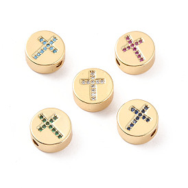 Rack Plating Brass Micro Pave Cubic Zirconia Beads, Cadmium Free & Lead Free, Real 18K Gold Plated, Flat Round with Cross Pattern