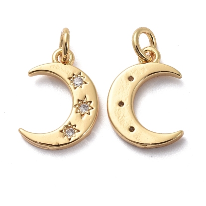 Brass Micro Pave Clear Cubic Zirconia Charms, with Jump Rings, Moon with Star