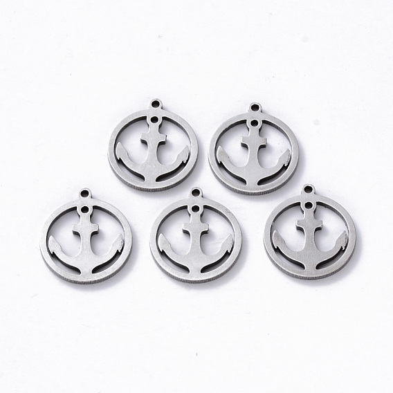 304 Stainless Steel Pendants, Laser Cut, Round Ring with Anchor