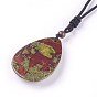 Adjustable Natural Indian Blood Stone Pendant Necklaces, with Nylon Theard, Teardrop