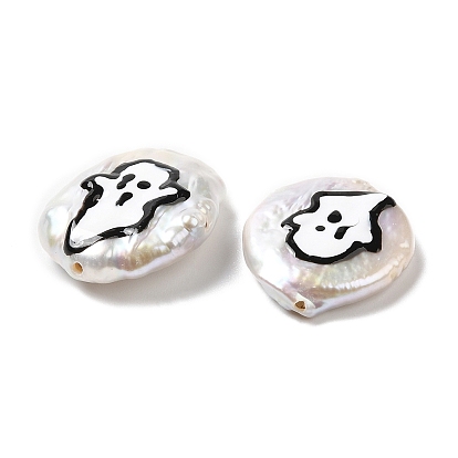 Baroque Style Natural Keshi Pearl Beads, Halloween Theme Beads with Enamel, Flat Round, Seashell Color