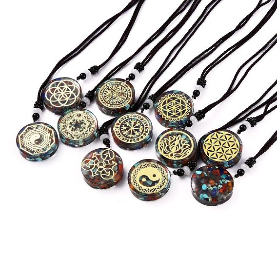Colliers de chakra orgonite, colliers pendants, avec puce de pierre naturelle, Fil de nylon, Accessoires en laiton, plat rond