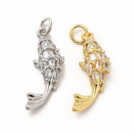 Rack Plating Brass Micro Pave Cubic Zirconia Fish Pendants, with Jump Ring, Long-Lasting Plated, Cadmium Free & Lead Free, Fancy Carp Charm