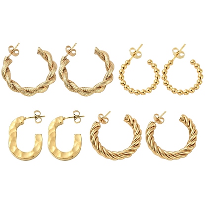 4 Pairs 4 Style 304 Stainless Steel Twist Rope & Oval & Ball Beaded C-shape Stud Earrings, Half Hoop Earrings for Women
