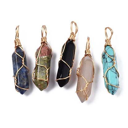 Natural & Synthetic Gemstone Big Pendants, with Brass Findings, Hexagonal Prisms