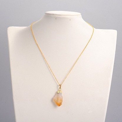 Natural Raw Rough Citrine Pendant Necklaces, with Brass Chains and Spring Ring Clasps, 18 inch